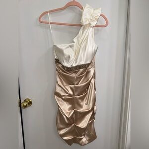 Cream and Tan One-Shoulder Prom Dress